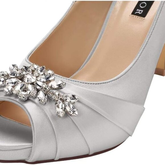 Peep Toe Mid Heel Shoes Satin Silver 6.5 Wedding Prom Evening Dress - Picture 4 of 6